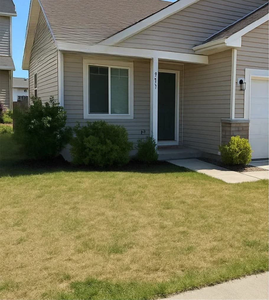 Front yard before landscaping — thin lawn and minimal foundation plantings