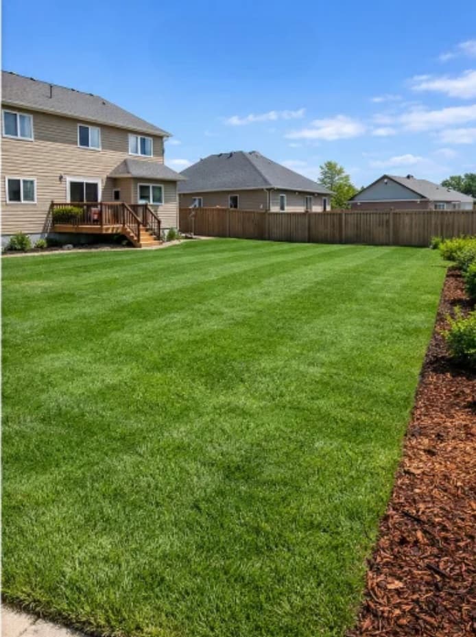 Thick, evenly mowed green lawn after renewal, with a fresh mulch bed edge